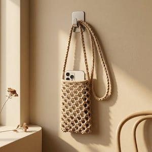 May include: A beige macrame phone holder with a woven design, hanging from a wall hook. The holder contains a white smartphone. The strap is made of twisted rope. The background is a neutral beige wall.