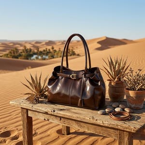 May include: A glossy, dark brown leather tote bag with a gold-colored buckle detail. The bag has two handles and sits on a weathered wooden table. Desert plants in terracotta pots and small stones are also on the table.