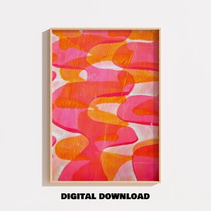 Peut inclure: Une impression d'art mural rectangulaire dans un cadre en bois clair présentant un motif abstrait de coups de pinceau horizontaux superposés dans des tons vifs de rose fuchsia, orange vif et blanc doux. Le texte DIGITAL DOWNLOAD est imprimé en dessous.
