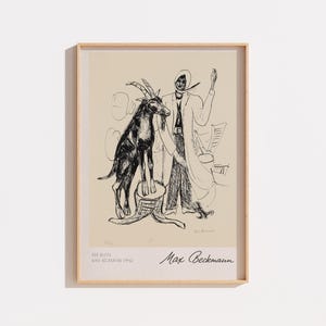 Peut inclure: Une impression d'art encadrée présentant un dessin au trait à l'encre noire sur fond beige. L'illustration montre une chèvre debout sur une souche d'arbre à côté d'une silhouette en long manteau. Le texte indique DER BOCK, MAX BECKMANN (1946) et Max Beckmann.