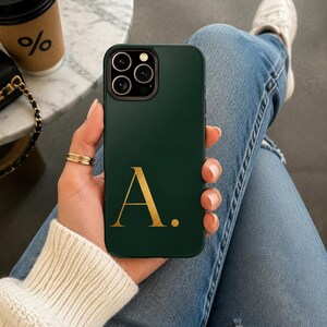 Luxury Green Monogram A Phone Case | 3D Premium Matte Hard Case for iPhone Samsung | Elegant Personalized Minimal Gold Initial Cover