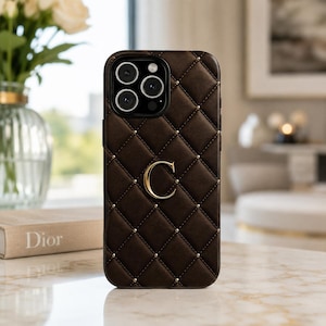 Personalized Quilted Monogram Phone Case, Dark Brown Luxury Cover