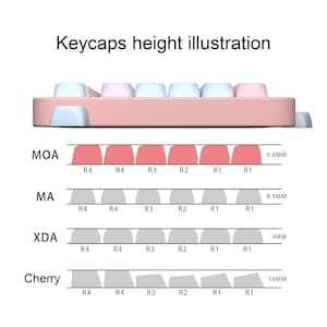 May include: A pink keyboard with light blue and pink keycaps. The image shows a diagram illustrating the height of different keycap profiles: MOA (9.8mm), MA (8.9mm), XDA (9mm), and Cherry (10mm). Text reads "Keycaps height illustration."