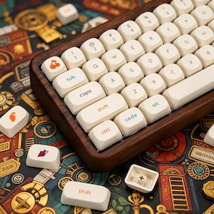 May include: A mechanical keyboard with a dark brown wooden frame and off-white keycaps. The keys feature dark lettering and colourful icons, including a cherry, a mango, and grapes. Some keys are labelled with text like tab, caps, shift, and code.