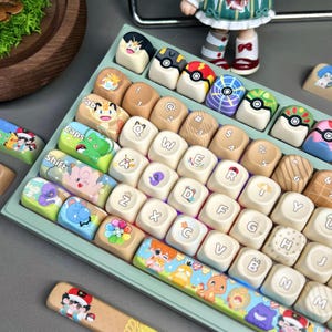 May include: A custom mechanical keyboard with colorful keycaps featuring cartoon characters and designs. The keycaps have various colors, including white, tan, and green, with images of characters and symbols. The keyboard is set on a light green base.
