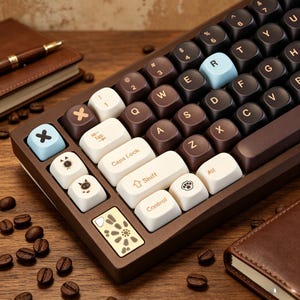 Pode incluir: Um teclado mecânico castanho com teclas personalizadas. As teclas são uma mistura de castanho, branco e azul claro. Algumas teclas têm designs únicos, incluindo uma pegada e rostos de desenhos animados. O teclado está sobre uma superfície de madeira com grãos de café.