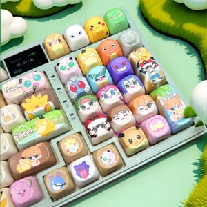 May include: A keyboard with custom keycaps featuring colorful cartoon character designs. The keycaps are square and have various characters on them. The keyboard has a digital display and a green and white color scheme.