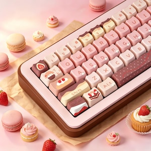 May include: A custom mechanical keyboard with pink and brown detailing, featuring keycaps decorated with desserts. The keycaps display images of cakes, strawberries, and other sweets. The keyboard is surrounded by macarons, cupcakes, and strawberries.