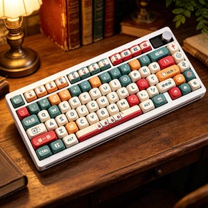 May include: A white mechanical keyboard with colorful keycaps. The keycaps feature a variety of colors including orange, green, red, and white. Some keycaps have Chinese characters. The keyboard sits on a wooden surface.