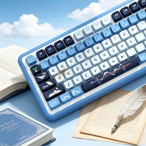 May include: A blue and white mechanical keyboard with custom keycaps. The keyboard has a gradient design, transitioning from dark blue to white. Some keys feature unique symbols and illustrations. The keyboard is placed on a light blue surface with books and a quill.