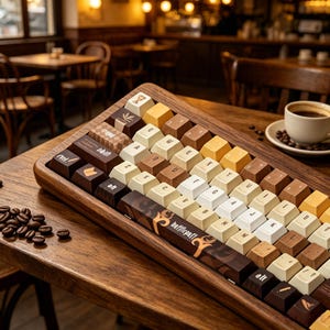 May include: A mechanical keyboard with a dark wood frame and a colour palette of cream, tan, and dark brown keycaps. The spacebar features the text Hufflepuff in a stylised font. Several keys display icons including a goblet, a leaf, and a badger.