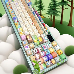 May include: A mint green mechanical keyboard with custom keycaps featuring colorful cartoon characters and designs. The keycaps have various colors and patterns, including images of popular characters. The keyboard has a small digital display.