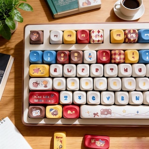 May include: A custom mechanical keyboard with a cream-colored frame and a variety of colorful keycaps. Keycaps feature unique designs, including cartoon bears, stars, and the text "Shine like the Stars." The keyboard also has a separate Enter key.