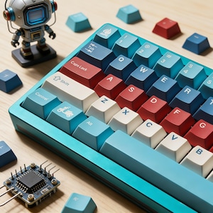 Può includere: Una tastiera meccanica turchese con tasti bianchi, rossi e blu. I tasti sono disposti in un layout QWERTY standard. Sono presenti anche una piccola statuina di robot e tasti sfusi.