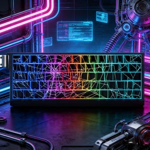 May include: A black mechanical keyboard with a cracked glass design and rainbow LED backlighting. The keyboard has a compact layout and is set against a futuristic, neon-lit background.