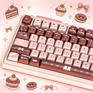 以下が含まれることがあります： ピンクと茶色のメカニカルキーボード。キーキャップは、ケーキ、ドーナツ、リボンの画像を使ったデザートテーマです。キーボードはピンク色のフレームで、さまざまなキーキャップのデザインがあります。