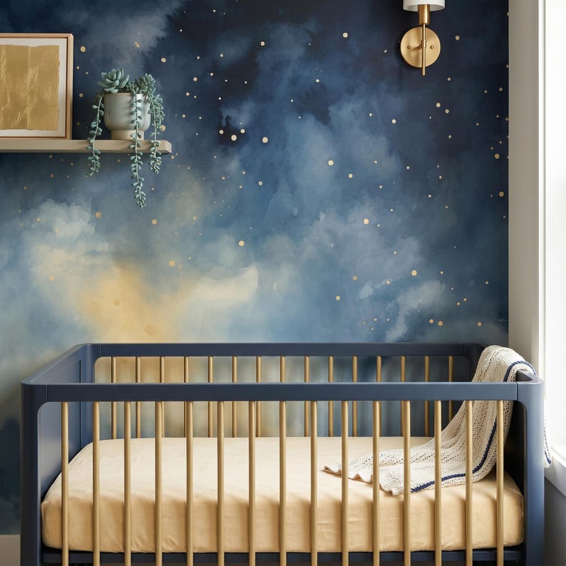 Dreamy Night Sky Nursery Wallpaper, Starry Cloud Wall Mural, Kids Room ...