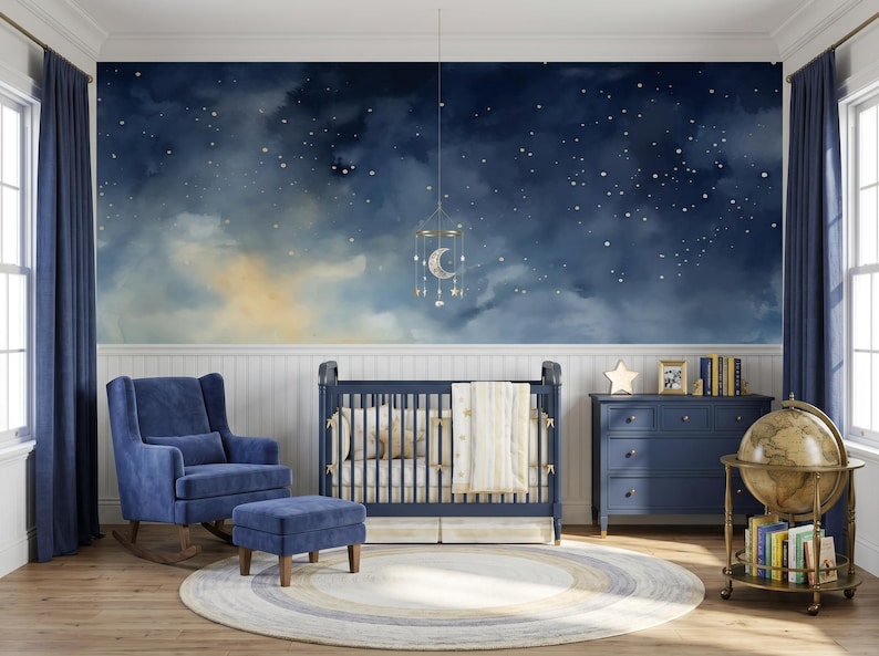 Dreamy Night Sky Nursery Wallpaper, Starry Cloud Wall Mural, Kids Room ...
