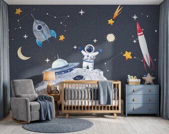 Space Nursery Wallpaper, Astronaut Rocket Wall Mural, Outer Space Kids Room Decor, Moon Stars Peel and Stick or Traditional