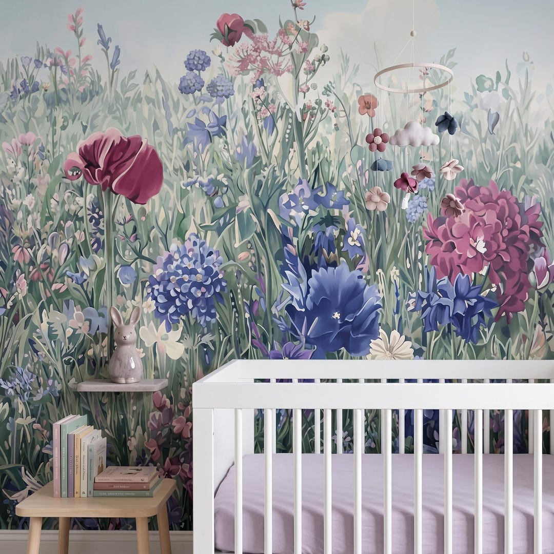 Wildflower Meadow Wallpaper, Floral Wall Mural, Cottagecore Kids Room ...