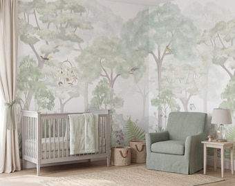 Misty Forest Nursery Wallpaper, Watercolor Woodland Wall Mural, Green Botanical Kids Room Decor, Peel and Stick or Traditional