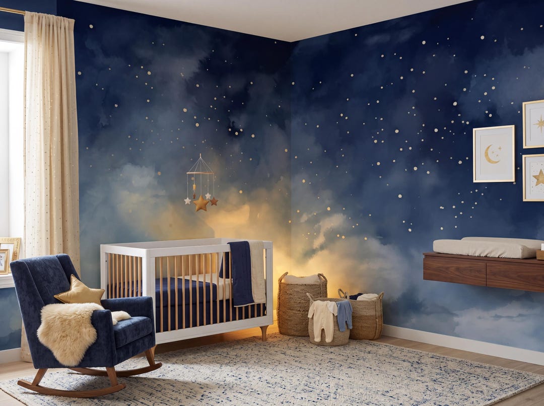 Dreamy Night Sky Nursery Wallpaper, Starry Cloud Wall Mural, Kids Room ...