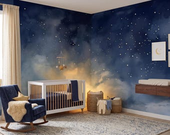 Carta da parati per cameretta con cielo notturno da sogno, murale con nuvole stellate, carta da parati per la stanza dei bambini, autoadesiva o tradizionale