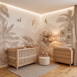 May include: A nursery with a jungle-themed mural featuring palm trees, mountains, and birds. The room includes a wooden crib, dresser, and a small ottoman. The color scheme is neutral with beige and brown tones, creating a calming atmosphere.