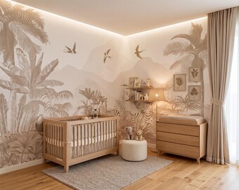 Carta da parati Safari neutra, murale giungla beige, decorazione per cameretta con palma zebrata, autoadesiva o tradizionale
