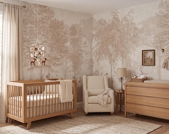 Papel pintado infantil de bosque neutro, mural de pared de bosque de ciervos, decoración vintage de naturaleza para habitación infantil, autoadhesivo beige o tradicional.