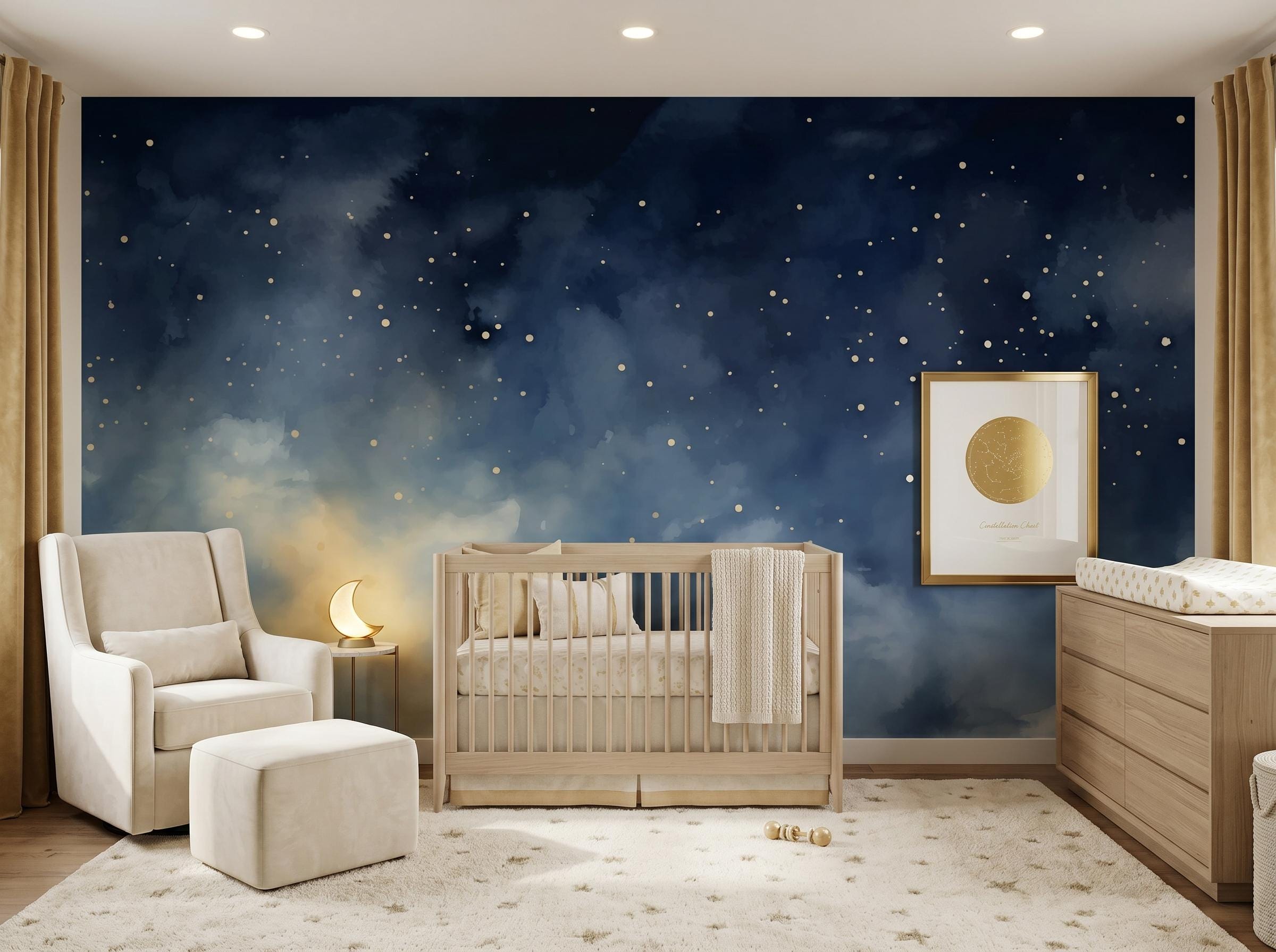 Dreamy Night Sky Nursery Wallpaper, Starry Cloud Wall Mural, Kids Room ...