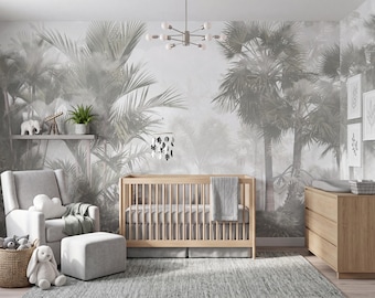 Foggy Tropical Wallpaper Mural, Neutral Palm Tree, Misty Jungle Wall Mural, Minimalist Botanical, Peel and Stick Decor