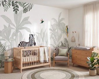Safari Nursery Wallpaper, Jungle Wall Mural, Neutral Animal Kids Room Decor, Zebra Tropical Wallpaper, Peel and Stick