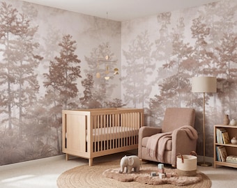 Misty Forest Wallpaper, Neutral Woodland Wall Mural, Foggy Tree Landscape, Nature Kids Room Decor, Peel and Stick