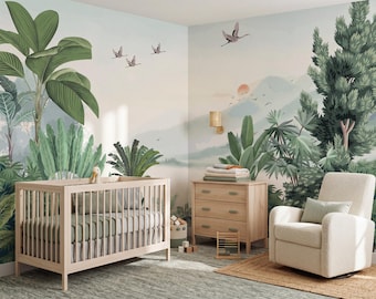 Carta da parati con paesaggio tropicale, murale con giungla verde, decorazione botanica naturale, carta da parati autoadesiva
