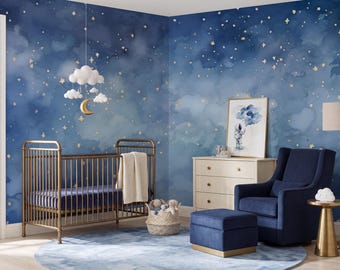 Starry Night Nursery Wallpaper, Blue Sky Wall Mural for Kids Room, Peel and Stick or Traditional