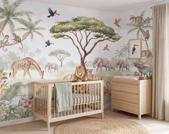 Carta da parati safari per la cameretta, murale con animali della giungla, decorazione neutra per la stanza dei bambini, carta da parati autoadesiva