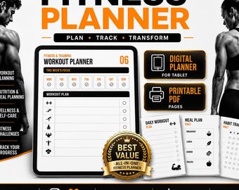 Fitness Planner Transformation Set Digital Fitness Planner Printable PDF Workout Planner Fitness Journal Canva Template Self Care Planner