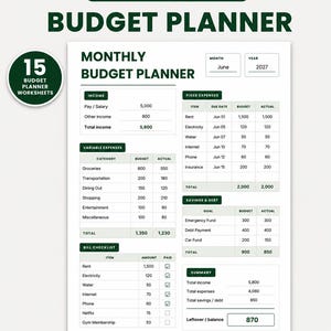 Può includere: Un foglio di lavoro stampabile per la pianificazione del budget mensile con intestazioni verde scuro. Il documento include sezioni per entrate, spese fisse e variabili, risparmi, debiti, una lista di controllo delle bollette e un riepilogo.