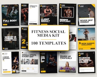 Fitness Social Media Templates, 100 Editable Canva Gym Instagram Templates, Posts & Stories, Personal Trainer Marketing Kit | Canva Bundle