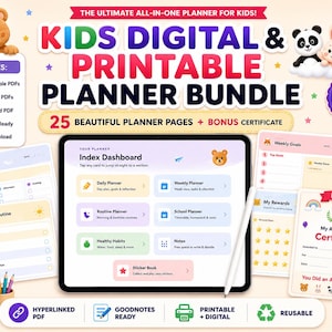 Puede incluir: Un paquete de planificadores digitales e imprimibles para niños que incluye una tableta con un panel de control, varias páginas de planificación, un certificado de logros adicional e ilustraciones coloridas de animales.