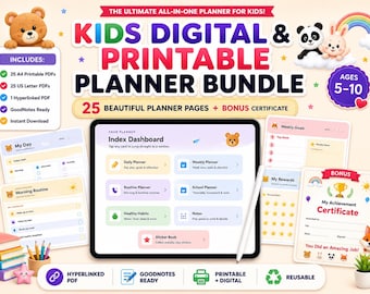 Kids Planner Bundle, Printable PDF GoodNotes Digital Planner, Daily Weekly School Routine Planner Habit Tracker
