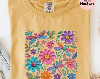 Comfort Colors Dragonfly Floral Shirt, Faux Oil Painting Design