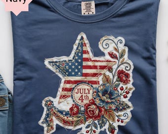 Comfort Colors® Faux Patchwork USA Star Shirt, Patriotic July 4th Tee