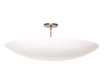 Mid Century Brass Dome Flush Mount, 6- Elegant Pendant Light, Modern Matte White Chandelier