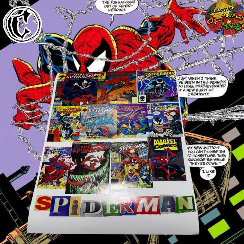 Puede incluir: Una exhibici&oacute;n de c&oacute;mics vintage de Spider-Man, con varias portadas con colores vibrantes e ilustraciones din&aacute;micas. La palabra "SPIDERMAN" est&aacute; escrita en letras coloridas en la parte inferior. Una figura de Spider-Man y arte de telara&ntilde;a en el fondo.