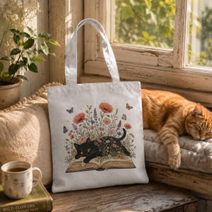 Black Cat on Book Tote Bag – Floral Cotton Bag – Cat Lover Tote Bag – Gift for Book Lovers – Cottagecore