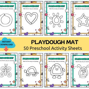 Puede incluir: Un conjunto de 50 hojas de actividades playdough mat con dibujos de líneas en blanco y negro de formas y animales, incluyendo un círculo, corazón, sol, estrella, mariposa, tortuga, pingüino y perro, con el texto PLAYDOUGH MAT en cada página.