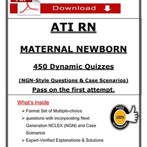 Puede incluir: Un documento digital titulado "ATI RN MATERNAL NEWBORN" que ofrece "450 Dynamic Quizzes" para descargar. El documento promete ayudar a los usuarios a aprobar al primer intento. Incluye preguntas de opción múltiple y casos prácticos.