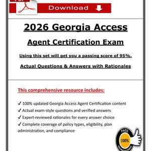 May include: A white document with the text "2026 Georgia Access Agent Certification Exam." The document includes a red "Download" button and a "Pass 100% Guaranteed" seal. It lists features like updated content and exam-style questions.